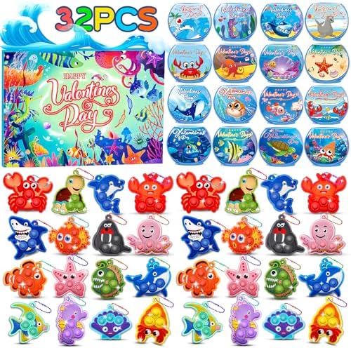 Valentine cards with sea animal pops, 32 pack